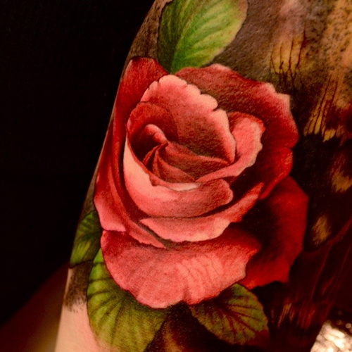 Татуировка красная роза за ухом